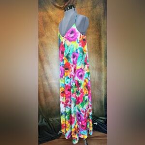 Sz S Nicole Miller Watercolor Maxi Dress Satin Flowing Shelf Bra Long Halter